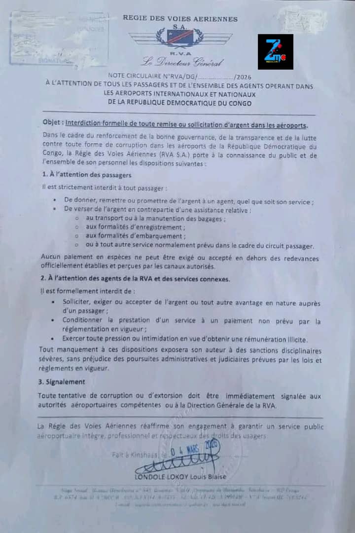 RDC : la RVA interdit touRDC : la RVA interdit toute remise d’argent entre passagers et agents dans les aéroports.* te remise d’argent entre passagers et agents dans les aéroports.*
