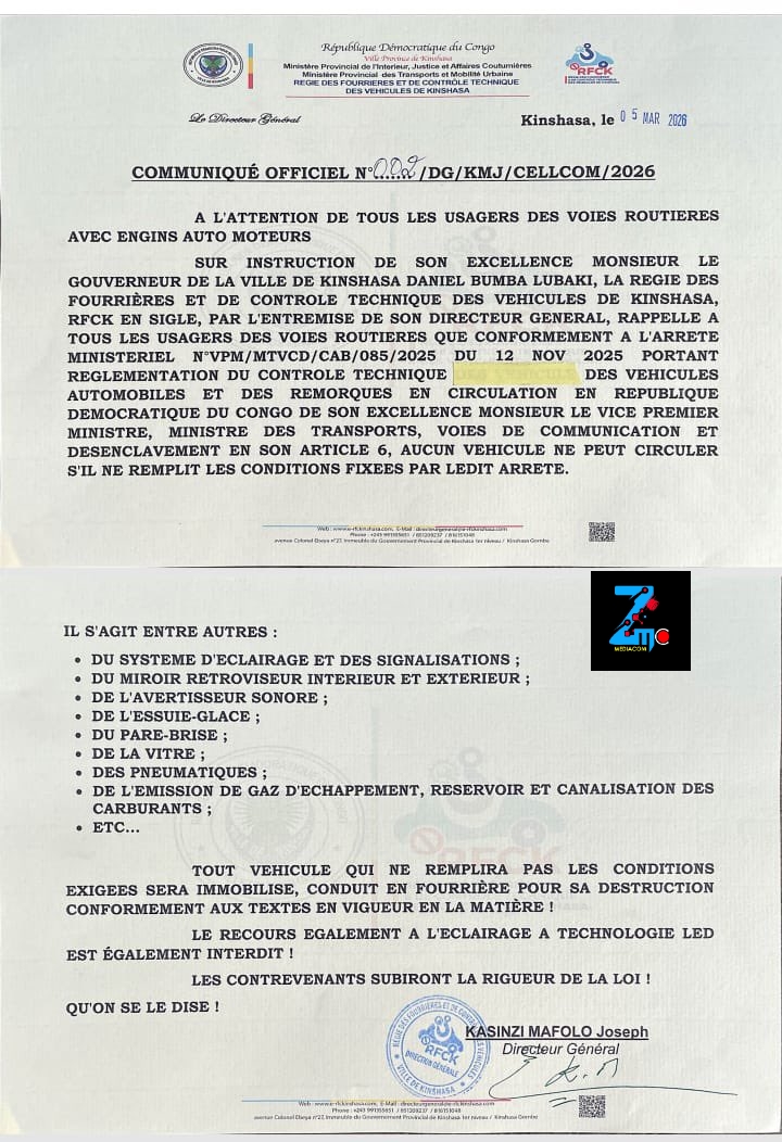 RDC : contrôle technique renforcé des véhicules à Kinshasa
