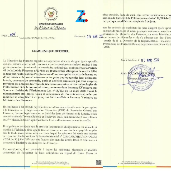 RDC : Doudou Fwamba rappelle aux opérateurs des jeux d’argent l’obligation de se conformer à la loi des finances