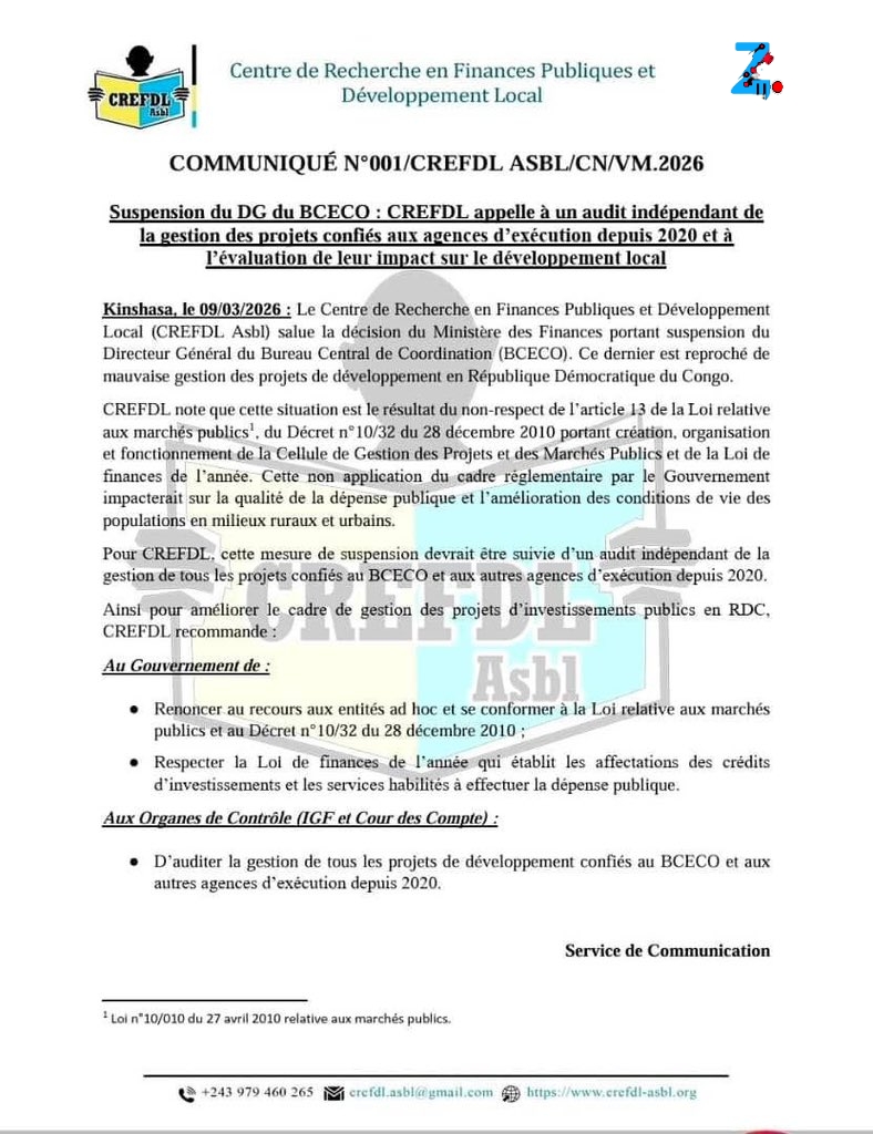 RDC : après la suspension du DG du BCECO, le CREFDL exige un audit indépendant des projets publics