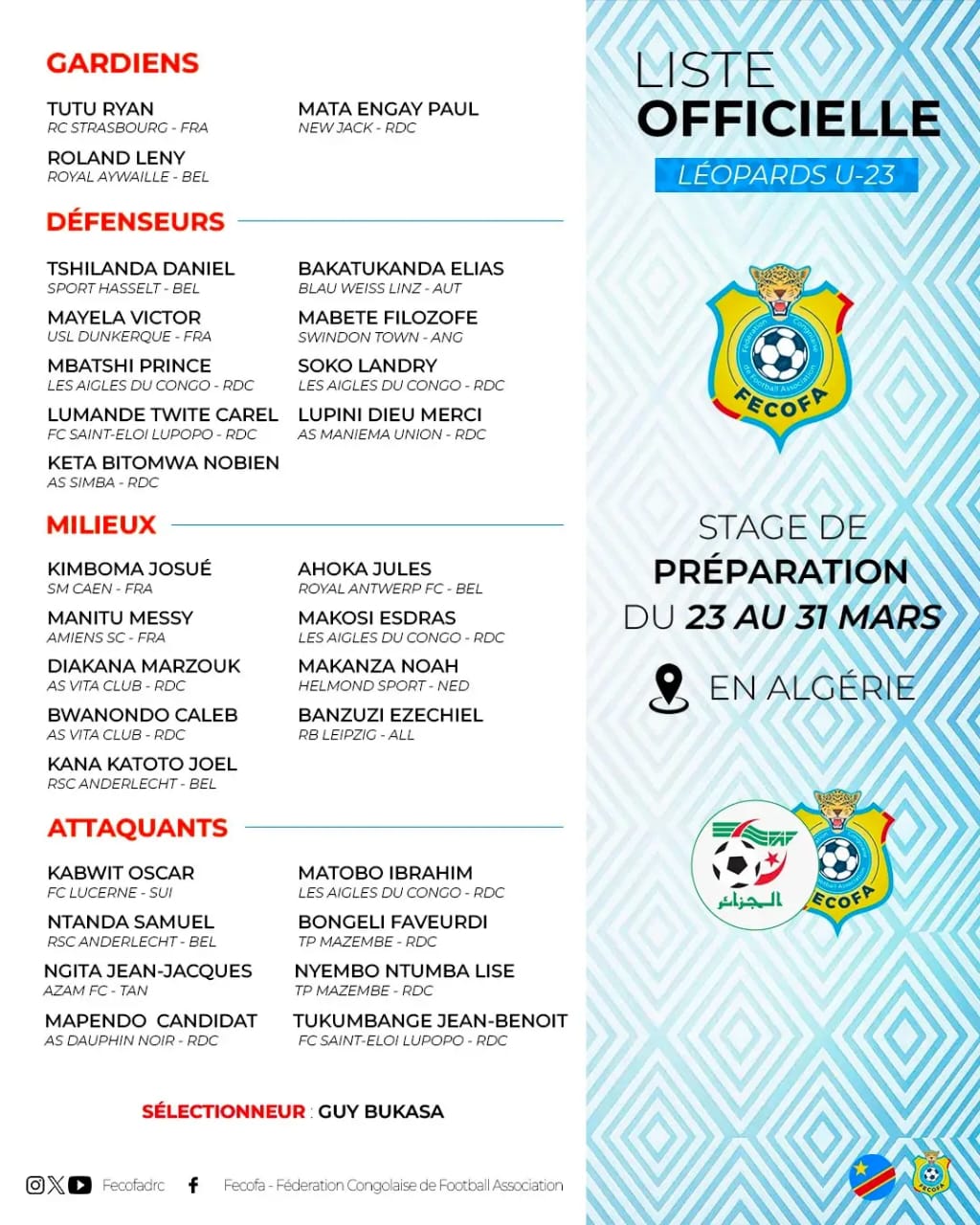 Léopards U23 : Bukasa lance la nouvelle génération avec un stage décisif en Algérie