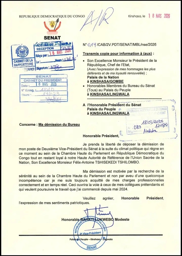 RDC/Sénat:Bahati Lukwebo démissionne