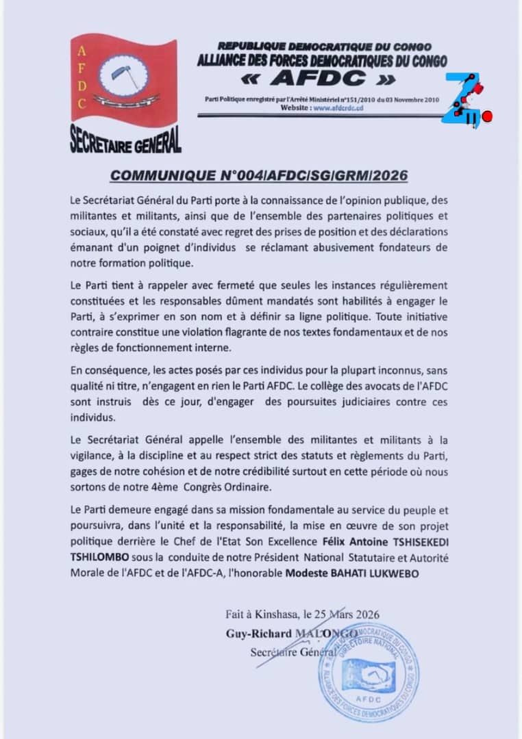 Crise à l’AFDC : le parti annonce des poursuites contre des «fondateurs» contestataires.