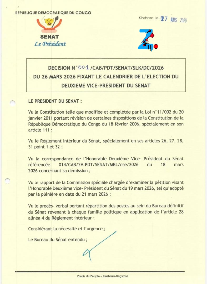 RDC : le Sénat fixe le calendrier pour l’élection du 2ᵉ vice-président
