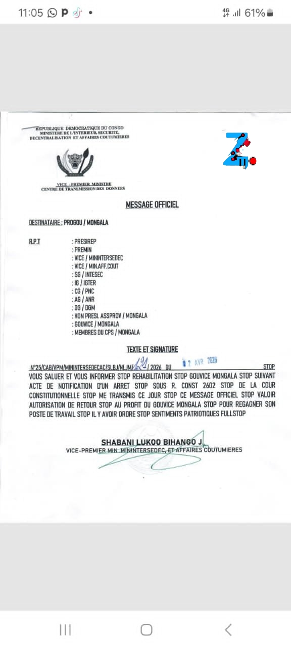 Mongala : le vice-gouverneur Cédric Ayaka réhabilité dans ses fonctions.