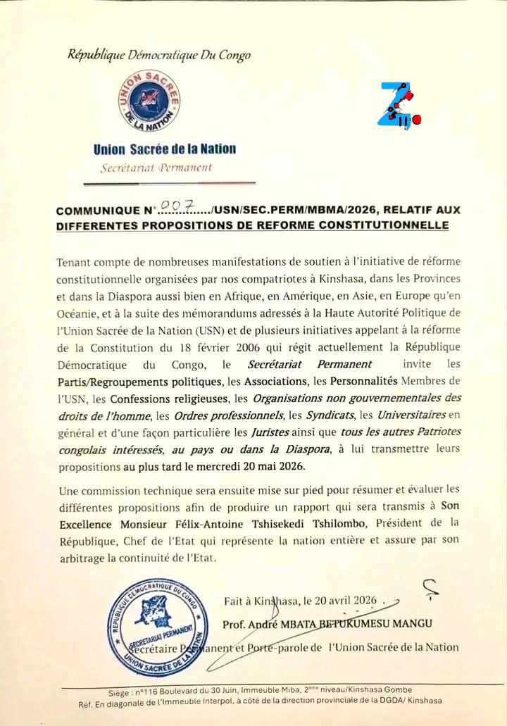 Révision de la Constitution : l’Union Sacrée de la Nation lance officiellement la phase de collecte des propositions