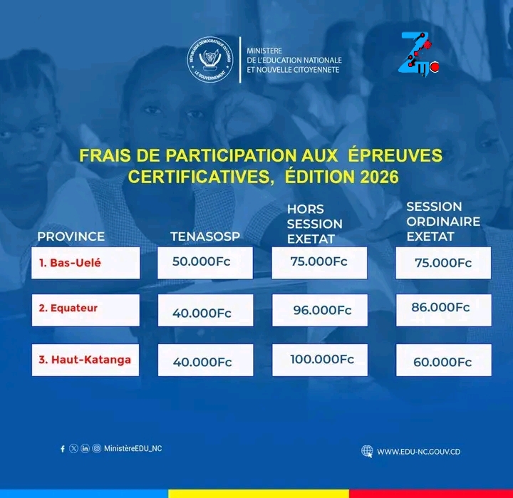 RDC : publication des frais officiels des épreuves certificatives 2026