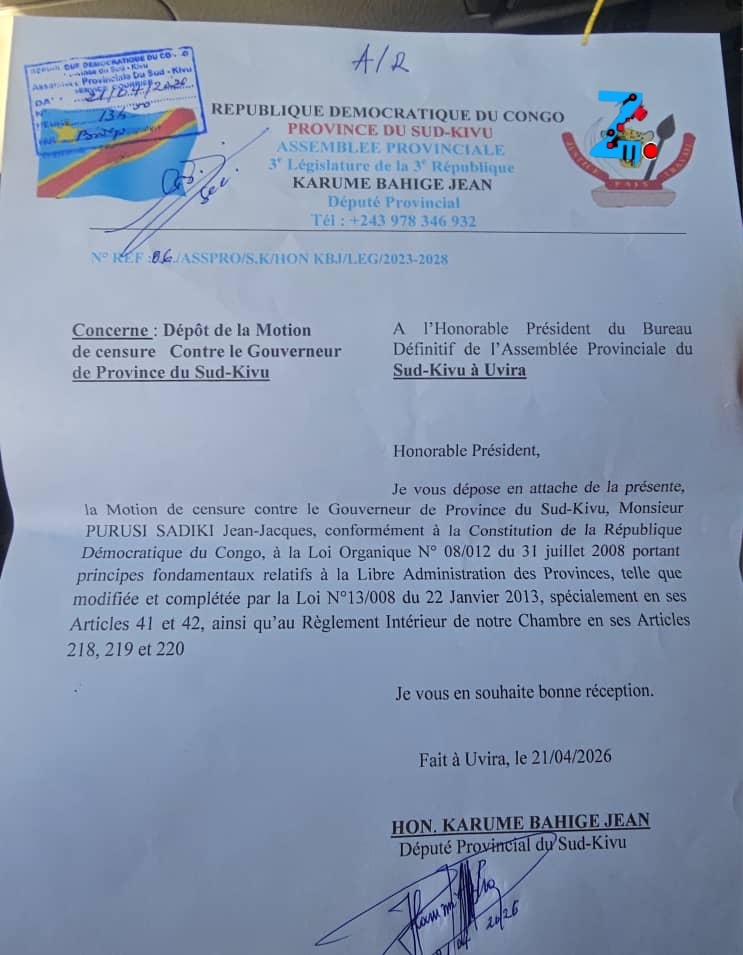 Sud-Kivu : une motion de censure déposée contre le gouverneur Purusi