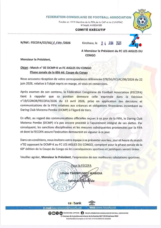 Coupe du Congo : la FECOFA maintient le match DCMP–Les Aigles du Congo malgré les sanctions visant DCMP
