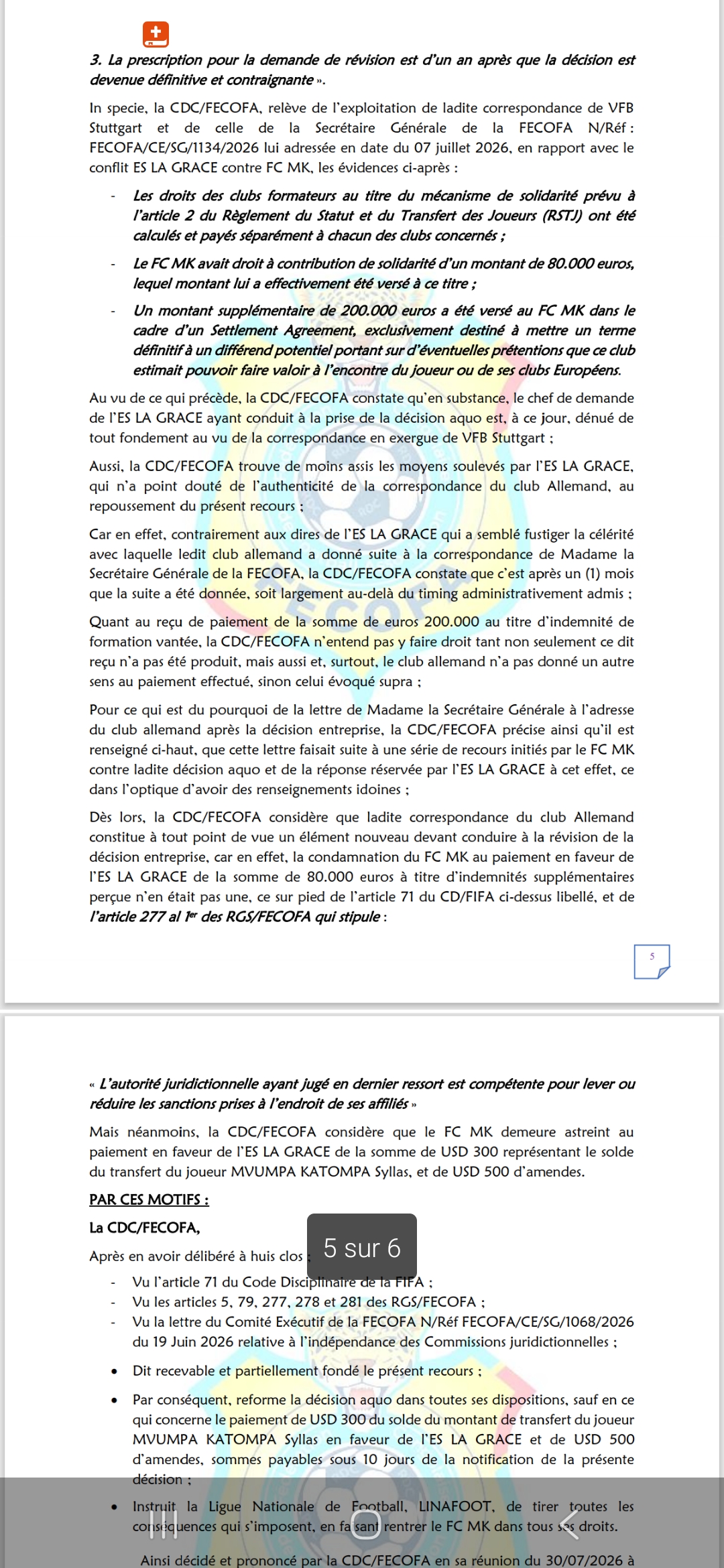 FECOFA : FC MK blanchi, les 80 000 euros réclamés par l'ES La Grâce annulés