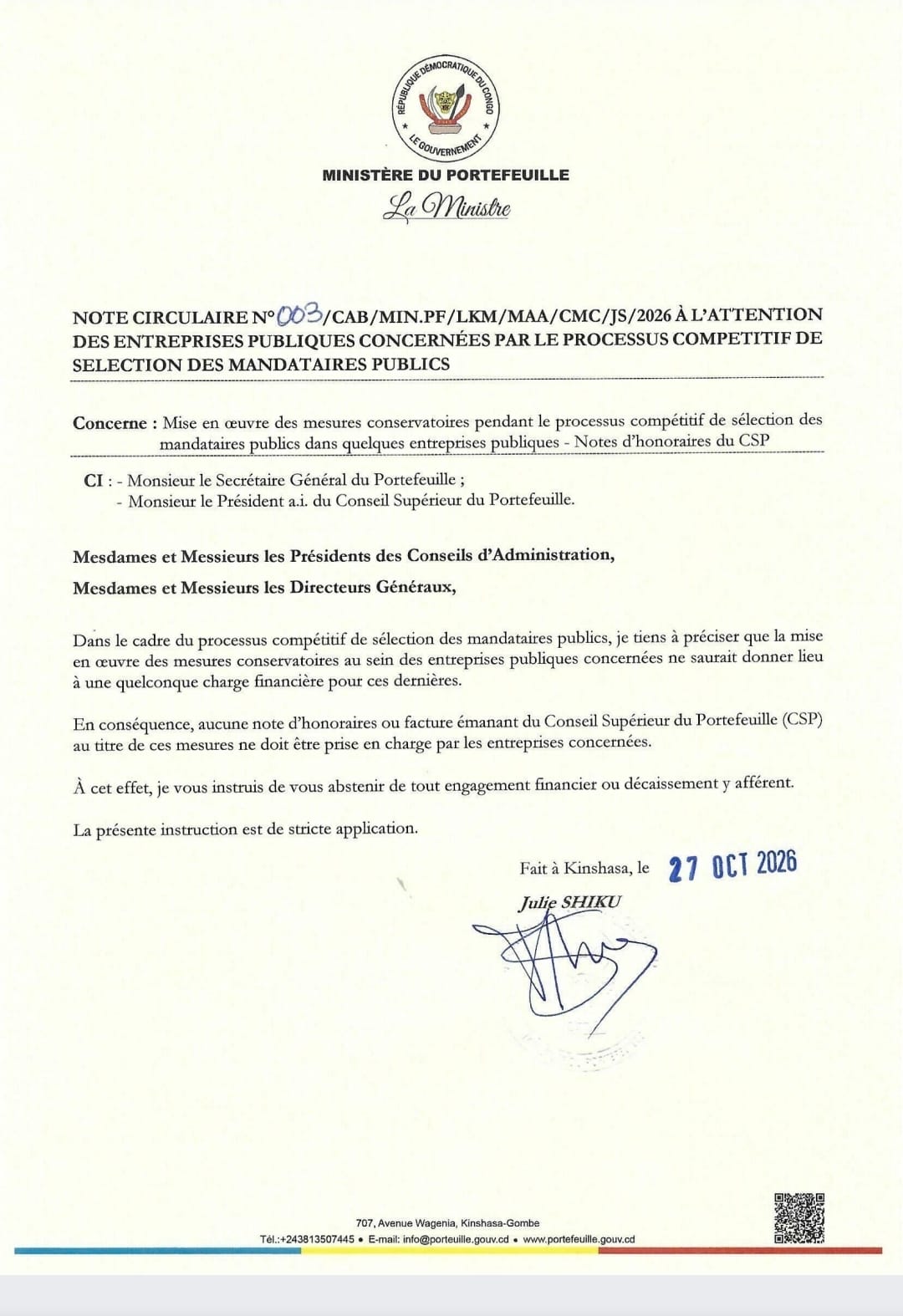 RDC : Julie Shiku interdit aux entreprises publiques de payer les frais des mesures conservatoires